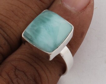 Silver,Solid Ring Natural Larimar Top Quality Gemstone Ring 925-Silver Sterling Ring Handmade Ring Blue Color Stone And Silver Color Ring
