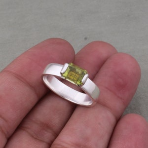 Natural Peridot Baguette Cut Stone Solid 925 Sterling Silver Ring For Girls, Handmade 925 Silver Ring For Wedding Anniversary Peridot Rings.