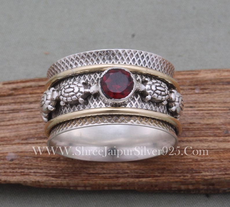 Turtle Spinner 925 Sterling Silver Natural Red Garnet Spinner Ring, Handmade Engraved Wide Band Fidget Anxiety Ring Gifts For Her Birthday image 5