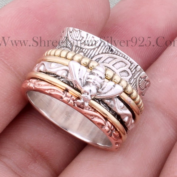 Sterling Silver Honey Bee Spinner Ring: Handmade Fidget Jewelry