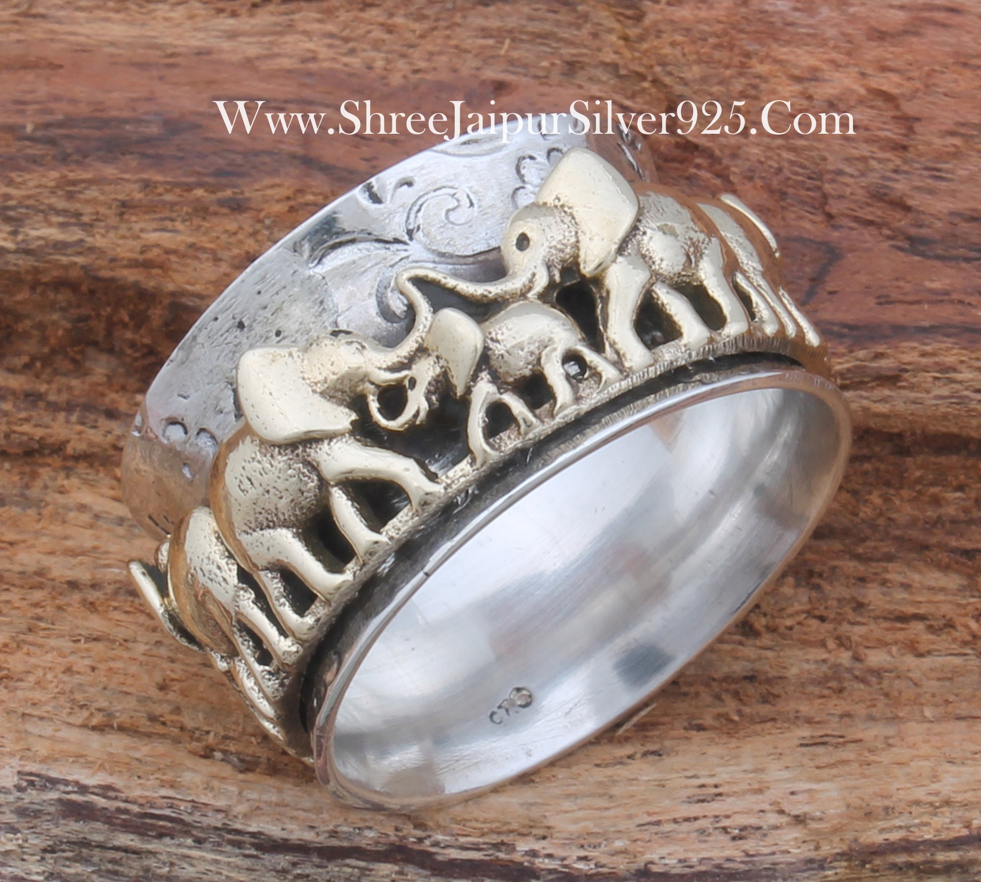 Sterling Silver Elephant Spinner Ring: Hammered Family Thumb Ring