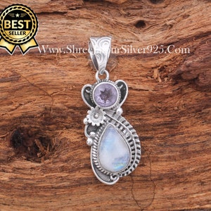Rainbow Moonstone Solid 925 Sterling Silver Necklace Pendant For Women, Handmade Engraved Pendant For Wedding Anniversary
