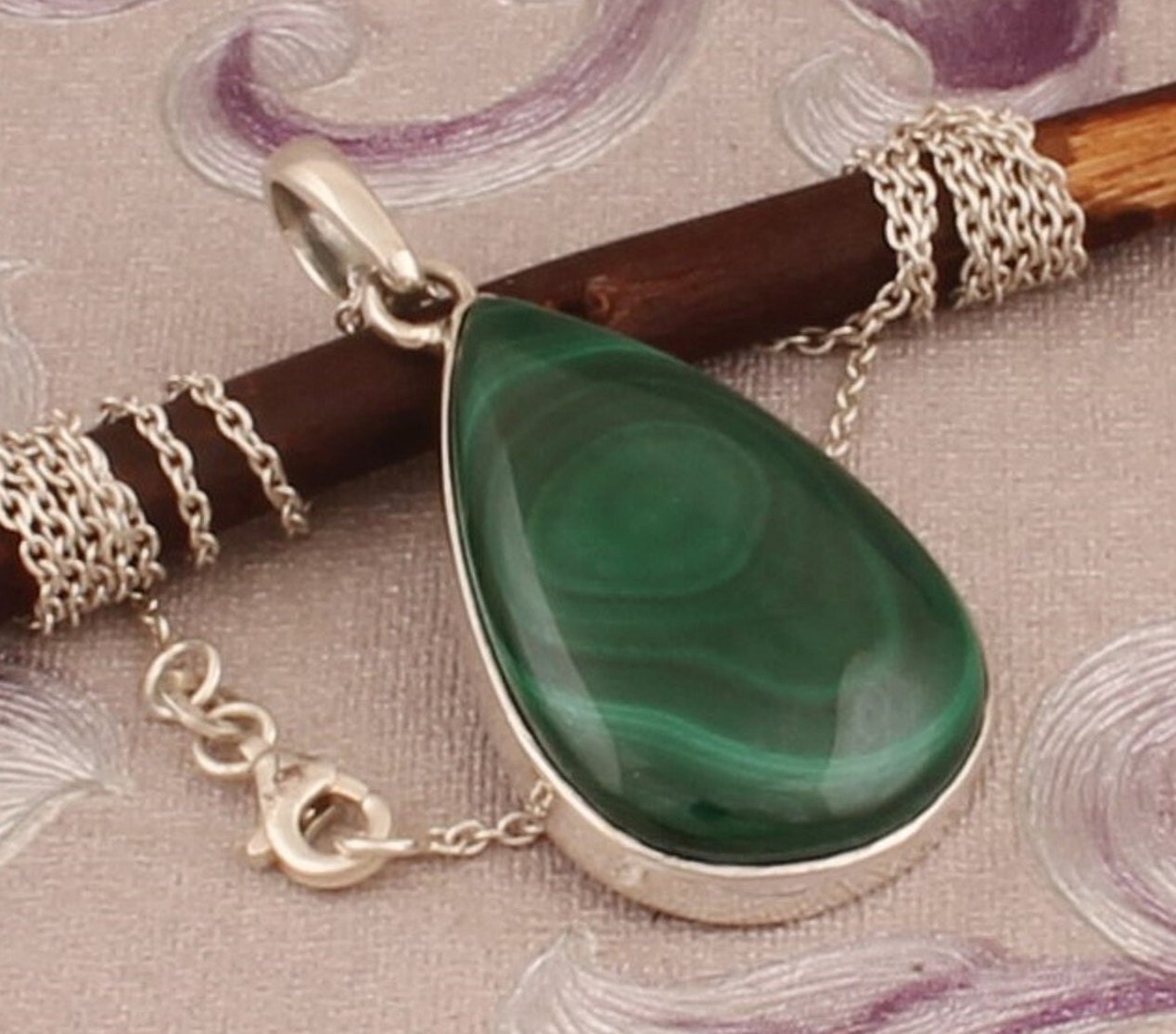 スターリングシルバーのマラカイトペアペンダントネックレス