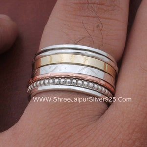 Unique Spinner Ring for Women. Wide Band Made of Sterling Silver with Copper & Brass Spinning Bands. Fidget, Meditation Reduce Stress