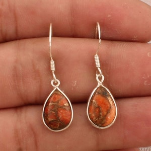 Designer Bezel Set Silver Earrings, Orange Copper Turquoise Pear Shape Gemstone Earrings, 925 Sterling Silver Earrings, Handcrafted Earrings