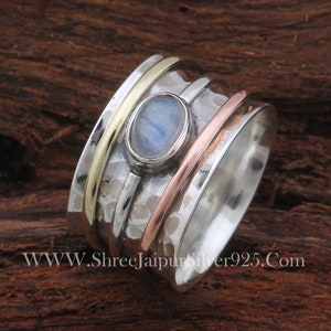 Hammered 925 Sterling Silver Natural Rainbow Moonstone Spinner Ring For Women, Handmade Three Tone Rings For Her, Silver Worry Anxiety Ring