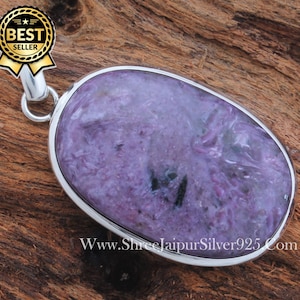 Oval Charoite Gemstone Pendant: Big Sterling Silver Cabochon