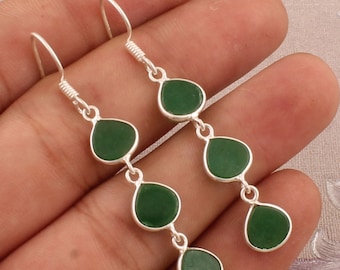 Green Jade Sterling Silver Drop Earrings: Bezel Set Dangle Earrings