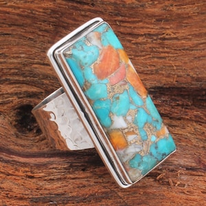 Oyster Copper Turquoise Sterling Silver Ring: Hammered Band, Handmade