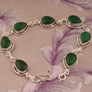 Handmade Pear Green Jade Bracelet: 925 Sterling Silver Gemstone Jewelry