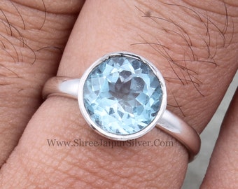 Handmade Blue Topaz Sterling Silver Ring, Round Cut Stone