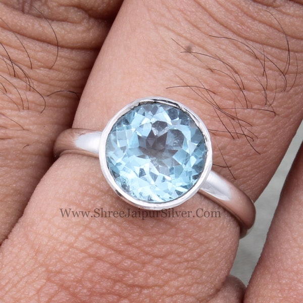 Natural Blue Topaz Round Cut Stone Solid 925 Sterling Silver Ring For Women, Handmade Silver Circle Ring For Wedding Anniversary Gifts Idea