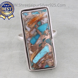 Oyster Copper Turquoise Solid 925 Sterling Silver Ring For Women Handmade Rectangle Bar Stone Band Ring For Wedding Anniversary Gift For Her