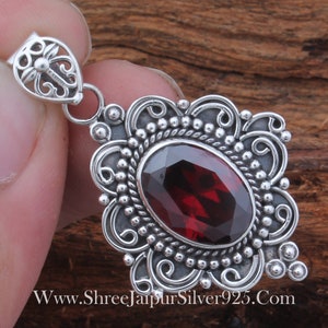 Red Garnet Sterling Silver Pendant Necklace: Handmade Engraved Jewelry