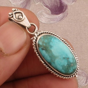 Tibetan Turquoise Pendant: Oval Gemstone, Sterling Silver Boho Necklace
