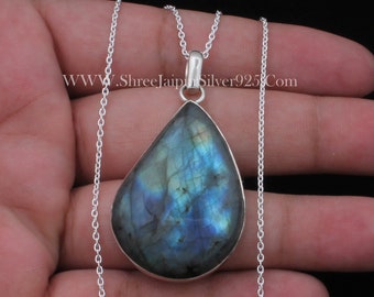 Natural Blue Fire Labradorite Gemstone Handmade 925 Sterling Silver Pendant, Vintage Labradorite Jewelry Pendant Gift For mother's Day Gift
