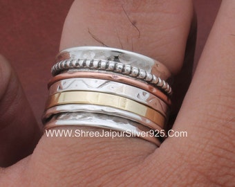 Boho Hammered 925 Sterling Silver Designer Spinner Ring For Handmade Three Tone Meditation Ring For Her, Silver Ring