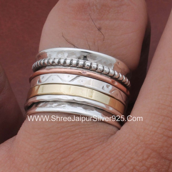 Boho Hammered 925 Sterling Silver Designer Spinner Ring For Handmade Three Tone Meditation Ring For Her, Silver Ring