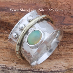 Solid 925 Sterling Silver Opal Spinner Ring For Women, Handmade Hammered Band Two Tone Anxiety Fidget Ring Gifts For Her