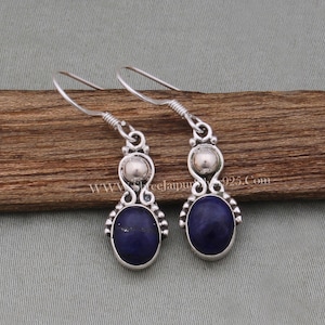 925 Sterling Silver Natural Lapis Lazuli Oval & Pear Stone Handmade Dangle Earrings – Bezel Set, Genuine, Not Enhanced