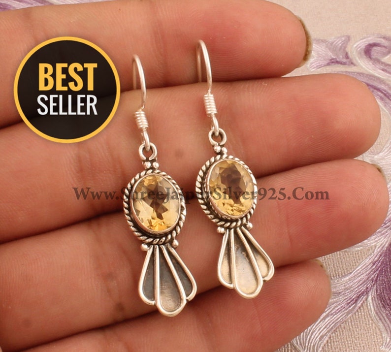 Handmade Designer Antiqued Silver Earrings For Wedding Gift Idea Natural Citrine Oval Gemstone Solid 925 Sterling Silver Earrings For Women