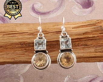 Blue Topaz & Citrine Earrings, 925 Sterling Solid Silver Earring, Designer Handmade Two Stone Earrings, November Birthstone Earrings