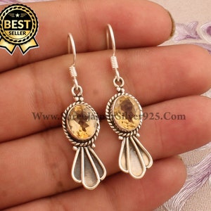 Natural Citrine Oval Gemstone Solid 925 Sterling Silver Earrings For Women, Handmade Designer d Silver Earrings For Wedding Gift Idea