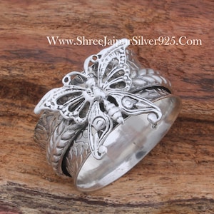 Butterfly Spinner Ring: Engraved 925 Sterling Silver Boho Jewelry