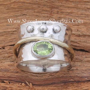 Natural Peridot Oval Cut Solid 925 Sterling Silver Spinner Ring For Women, Handmade Hammered Band Two Tone Anxiety Fidget Ring Gifts For Her