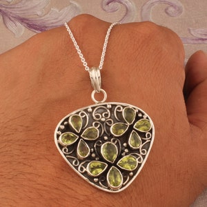 Natural Peridot Gemstone Pendant: Boho Sterling Silver Pear Cut