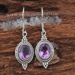 Amethyst Sterling Silver Earrings: Handmade Oval Gemstone, February Birthstone