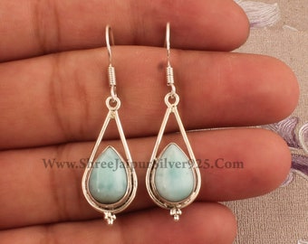 Handmade Larimar Earrings: Pear Stone Sterling Silver Boho Dangle