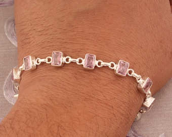 Pink Zircon 925 Sterling Silver Bracelet, Adjustable Gemstone Jewelry