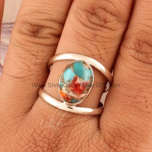 Oyster Turquoise Solid 925 Sterling Silver Ring For Women, Handmade Double Band Oval Stone Ring For Wedding Anniversary Gift For Her