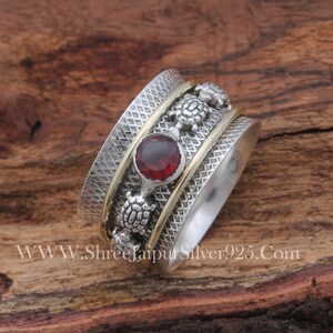 Turtle Spinner 925 Sterling Silver Natural Red Garnet Spinner Ring, Handmade Engraved Wide Band Fidget Anxiety Ring Gifts For Her Birthday image 10