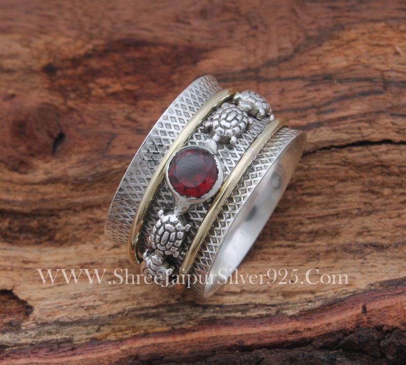 Turtle Spinner 925 Sterling Silver Natural Red Garnet Spinner Ring, Handmade Engraved Wide Band Fidget Anxiety Ring Gifts For Her Birthday image 10