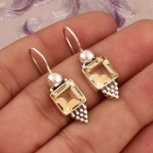 Sterling Silver Citrine Gemstone Earrings: Handmade Dotted Design