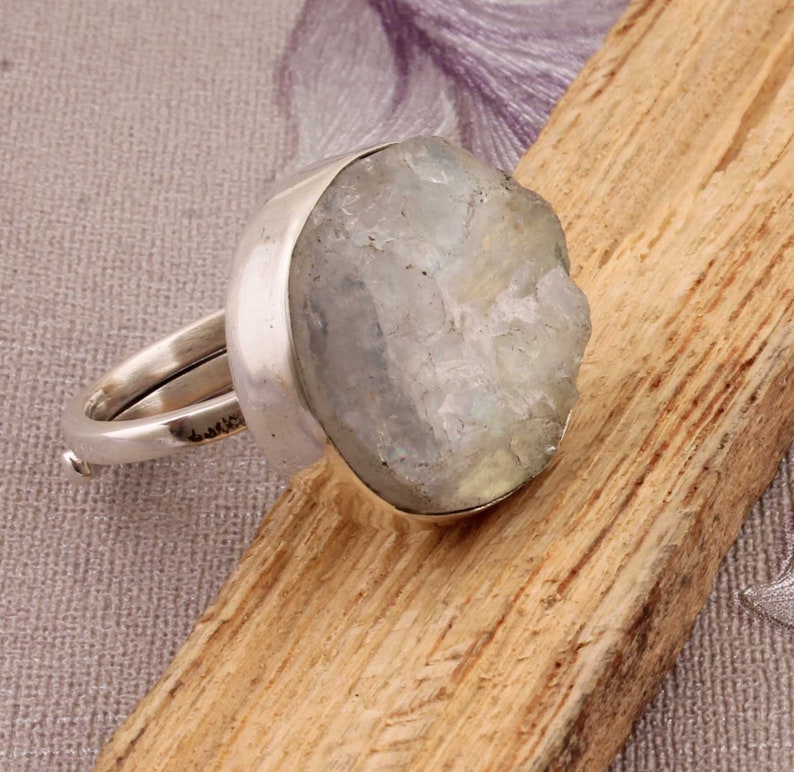 Rainbow Moonstone Raw Gemstone Ring 925-Antique Silver Ring,Boho Ring,Middle Finger Ring,Sterling Silver Rough Stone Ring One-Of-Kind-Pies