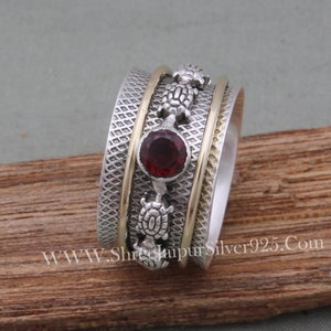 Turtle Spinner 925 Sterling Silver Natural Red Garnet Spinner Ring, Handmade Engraved Wide Band Fidget Anxiety Ring Gifts For Her Birthday image 6