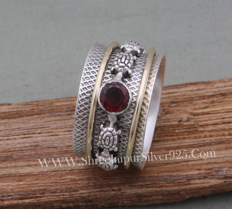 Turtle Spinner 925 Sterling Silver Natural Red Garnet Spinner Ring, Handmade Engraved Wide Band Fidget Anxiety Ring Gifts For Her Birthday image 6