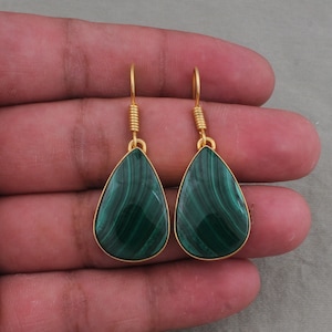 14k Gold Plated Malachite Earrings: Pear Gemstone Dangle Earrings