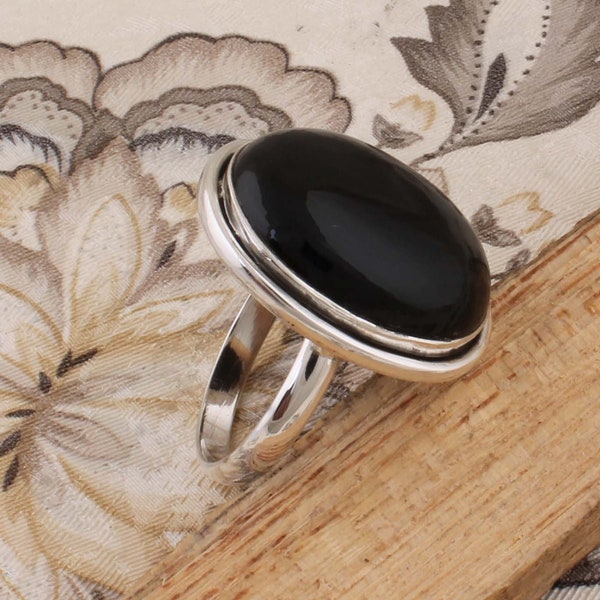 Anello ovale in onice nero: anello importante in argento sterling di qualità AAA