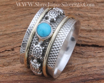 Solid 925 Turquoise Turtle Spinner Ring 925 Sterling Silver & Brass Jewelry / Handmade Two Tone Gemstone Spin Ring / Valentine's Day Gift