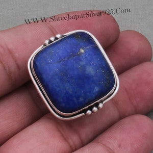 Pierścionek z lapis lazuli: kaboszon w kształcie poduszki ze srebra próby 925, ręcznie robiona biżuteria boho