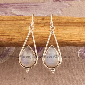 Natural Rainbow Moonstone Pear Stone Solid 925 Sterling Silver Earrings For Women Handmade Boho Silver Earrings For Wedding Anniversary Gift