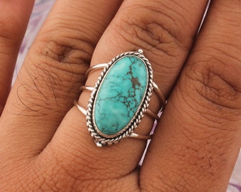 Handmade Tibetan Turquoise Sterling Silver Ring: Three Band Oval