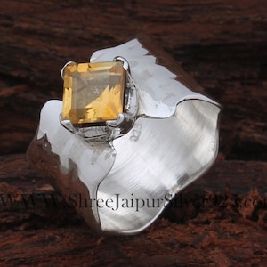 Handmade Hammered Wave Border Silver Squire Cut Citrine Band Ring Citrine Solid 925 Sterling Silver Ring For Women Jewelry For Healing