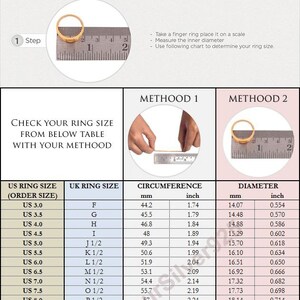 May include: A chart showing US ring sizes, UK ring sizes, circumference in millimetres and inches, and diameter in millimetres and inches. The chart is divided into two columns, one for circumference and one for diameter. The chart is used to determine ring size.