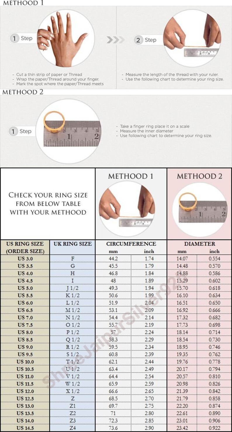 May include: A chart showing US ring sizes, UK ring sizes, circumference in millimetres and inches, and diameter in millimetres and inches. The chart is divided into two columns, one for circumference and one for diameter. The chart is used to determine ring size.