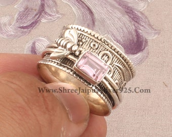 Pink Cubic Zirconia Solid 925 Sterling Silver Spinner Ring For Women, Handmade Silver Honey Bee Amethyst Zircon Ring For Wedding Anniversary